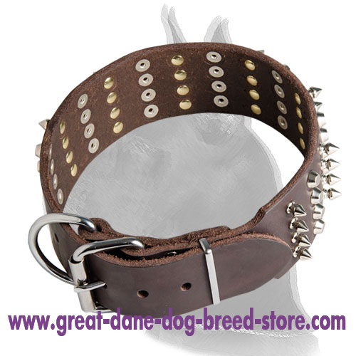 Leather Collar for Great Dane with 4 Rows of Spikes and Pyramids