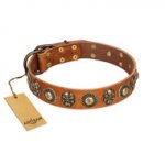 "Golden Epoch" FDT Artisan Tan Leather Great Dane Collar with Old Bronze-plated Medallions and Conchos