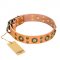 'Sophisticated Glamor' FDT Artisan Great Dane Tan Leather Dog Collar with Fancy Old-Bronze Plated Decorations