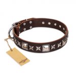 'Perfect Impression' FDT Artisan Great Dane Brown Leather Dog Collar with Silvery Square Studs - 1 1/2 inch (40 mm) Wide