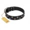 "Power-Flower" FDT Artisan Black Leather Great Dane Collar with Two Rows of Silver-like Studs with Engraved Flowers