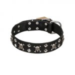 FDT Artisan 'Rock 'n' Roll Style' Fancy Leather Great Dane Collar with Skulls, Bones and Studs 1 1/2 inch (40 mm) wide