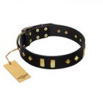 "De Luxe" FDT Artisan Black Leather Great Dane Collar with Old Bronze-like Plates and Studs