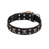 FDT Artisan 'Rock 'n' Roll Style' Fancy Leather Great Dane Collar with Skulls, Bones and Studs 1 1/2 inch (40 mm) wide