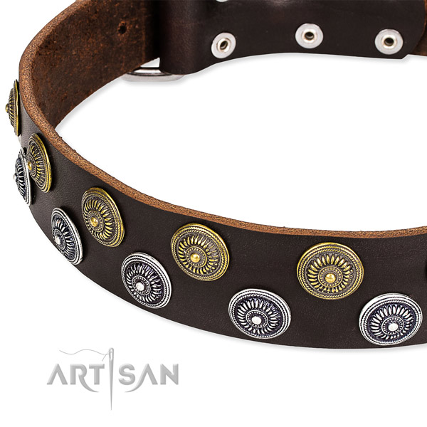Genuine leather dog collar with trendy decorations