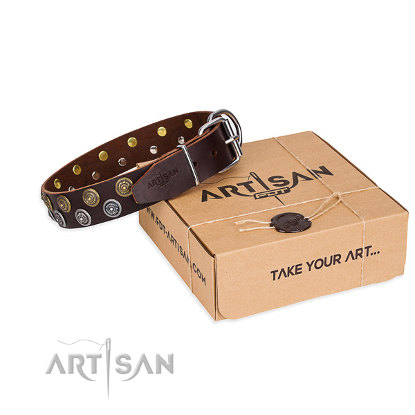 Natural genuine leather dog collar with adornments for handy use