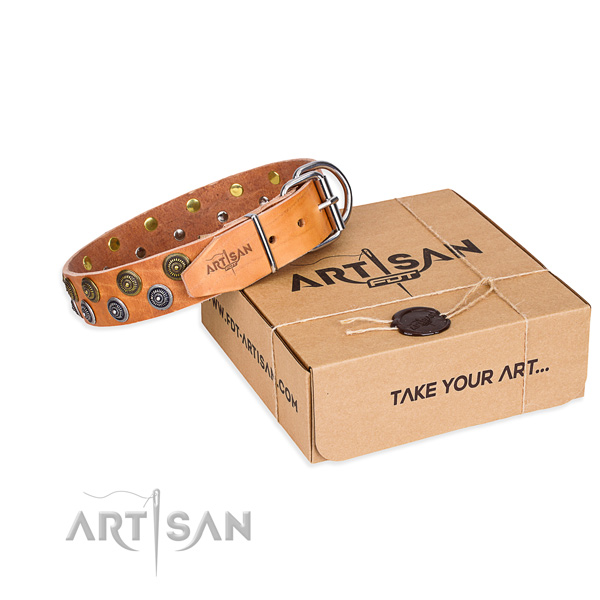 Natural genuine leather dog collar with adornments for handy use