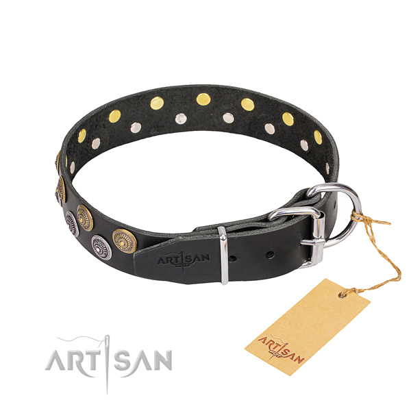 Everyday use full grain genuine leather collar with decorations for your dog