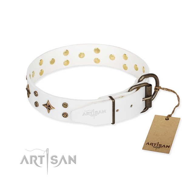 Everyday use natural genuine leather collar with decorations for your dog