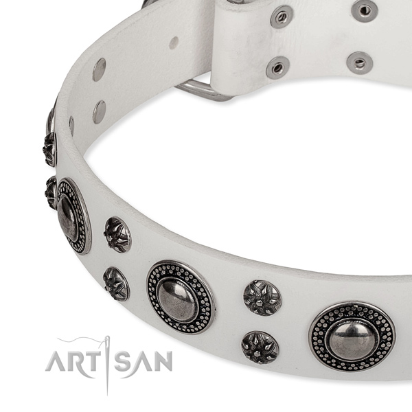 Handy use natural genuine leather collar with strong buckle and D-ring