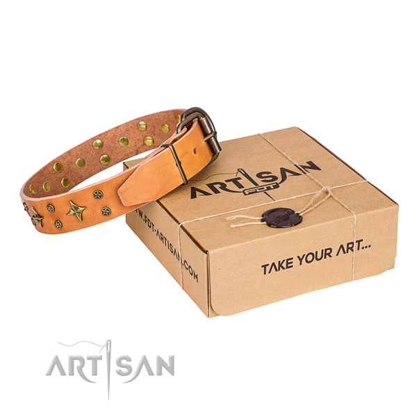 Embellished natural genuine leather dog collar for daily walking