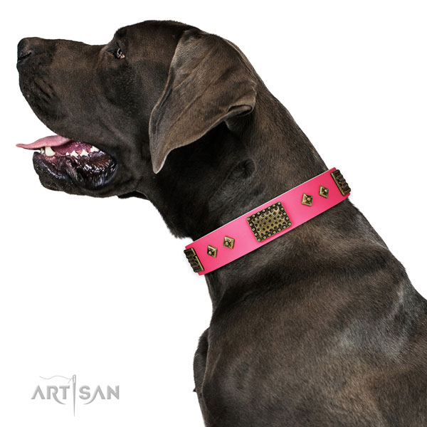 Easy adjustable natural genuine leather collar for your handsome four-legged friend