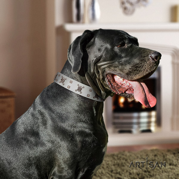 Great Dane comfortable wearing full grain genuine leather collar with adornments for your pet