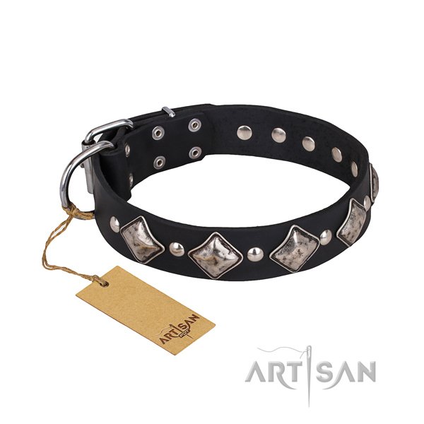 Full grain natural leather dog collar with polished leather surface
