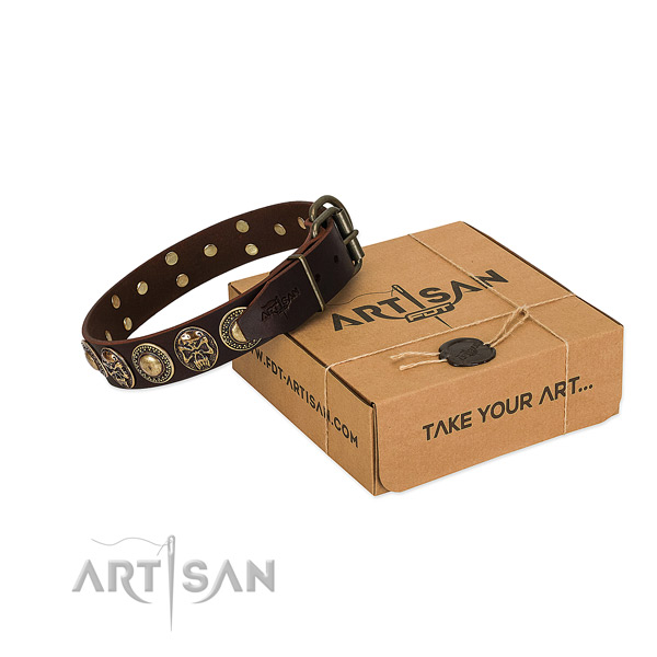Studded full grain genuine leather dog collar for comfortable wearing