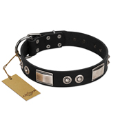 "Grand Wear" FDT Artisan Black Leather Great Dane Collar with Shining Plates and Spiked Studs