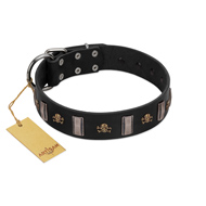 "Pirates' Symbol" Fashionable FDT Artisan Black Leather Great Dane Collar with Silver-Like Plates and Gold-Like Skulls