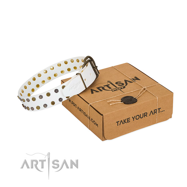 Stylish natural leather dog collar with corrosion proof decorations