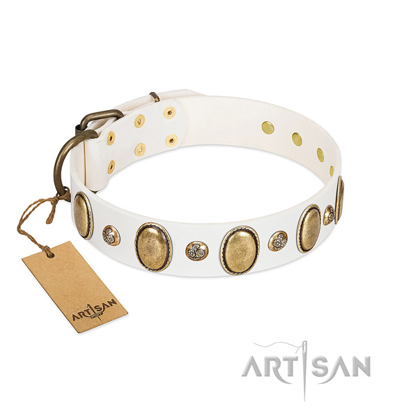 Full grain leather dog collar of gentle to touch material with inimitable decorations