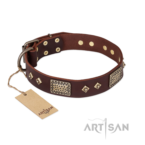 Decorated genuine leather dog collar for comfy wearing