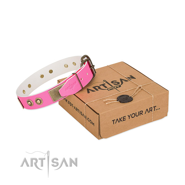Rust resistant D-ring on genuine leather dog collar for your four-legged friend