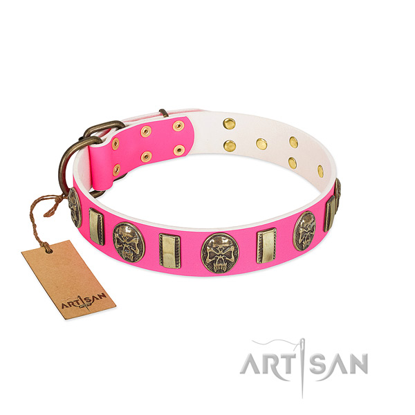 Rust resistant D-ring on genuine leather dog collar for your canine