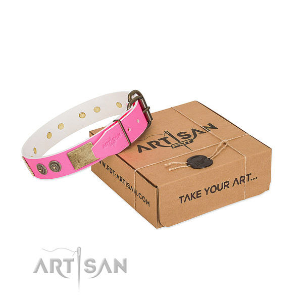 Corrosion resistant D-ring on full grain leather dog collar for easy wearing