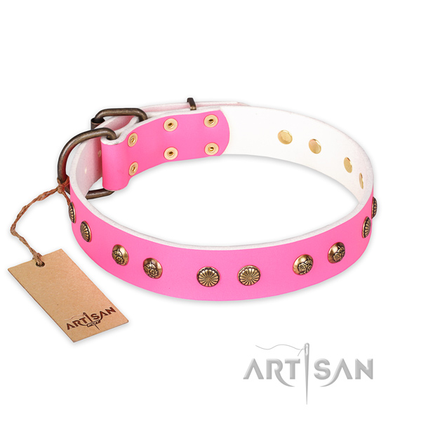 Easy adjustable natural genuine leather dog collar with strong fittings