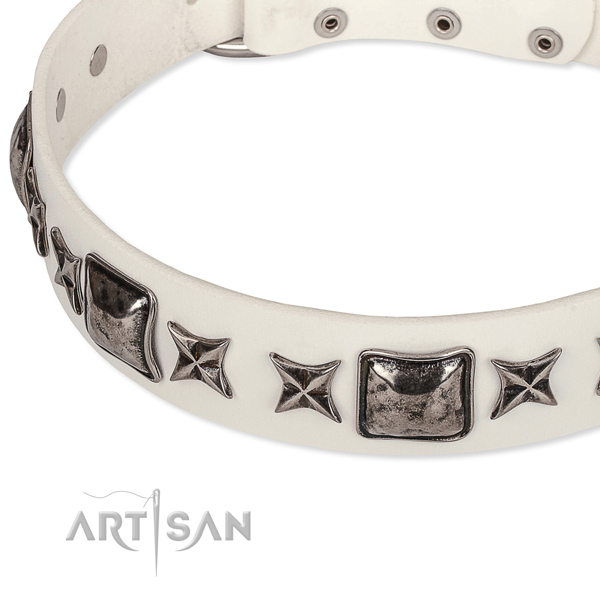 Easy wearing embellished dog collar of reliable full grain natural leather
