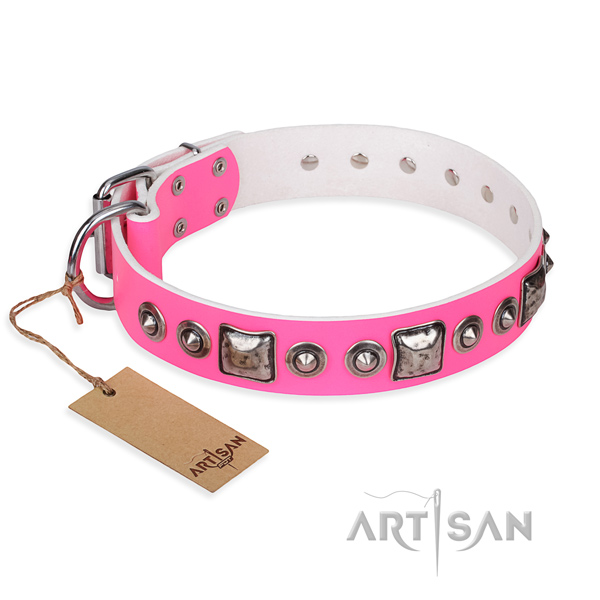 Natural genuine leather dog collar made of reliable material with corrosion resistant buckle