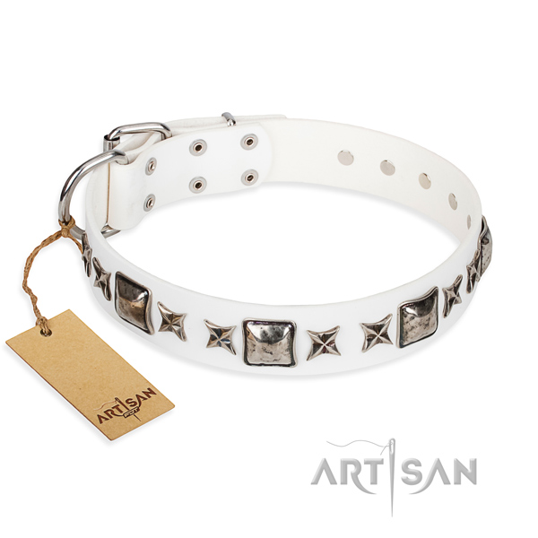 Leather dog collar made of reliable material with rust resistant traditional buckle