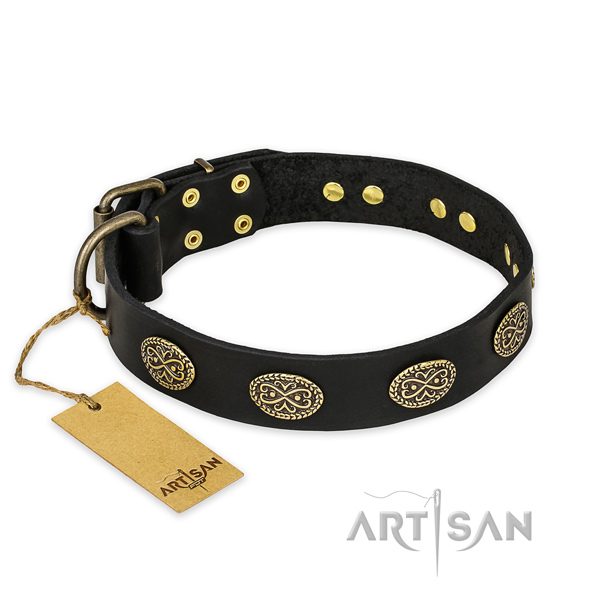Studded full grain genuine leather dog collar with strong D-ring