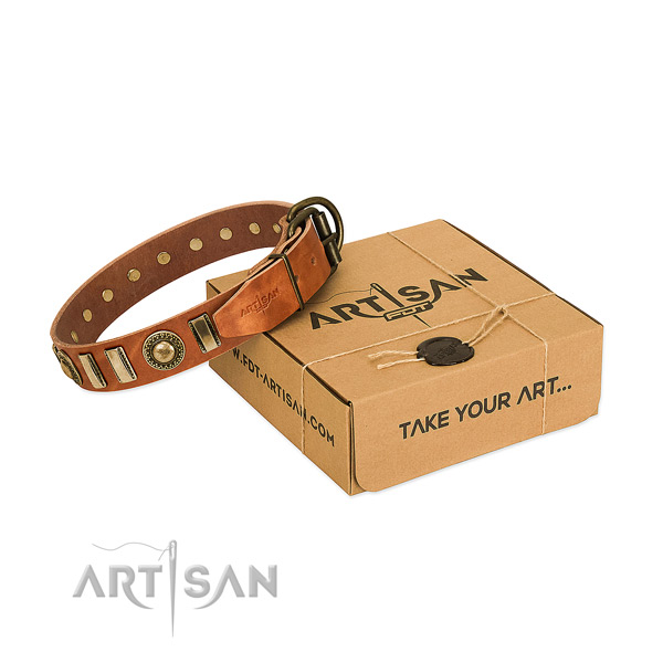 Durable genuine leather dog collar with corrosion proof buckle