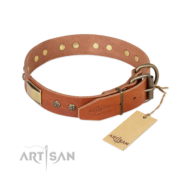Genuine leather dog collar with reliable traditional buckle and decorations
