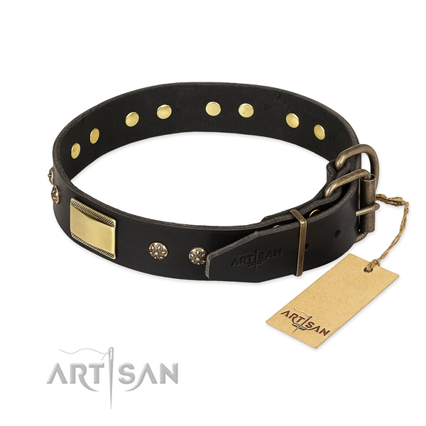 Natural leather dog collar with rust-proof hardware and adornments
