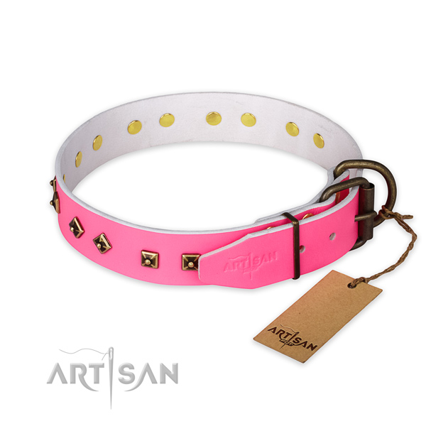 Rust resistant D-ring on full grain genuine leather collar for stylish walking your pet