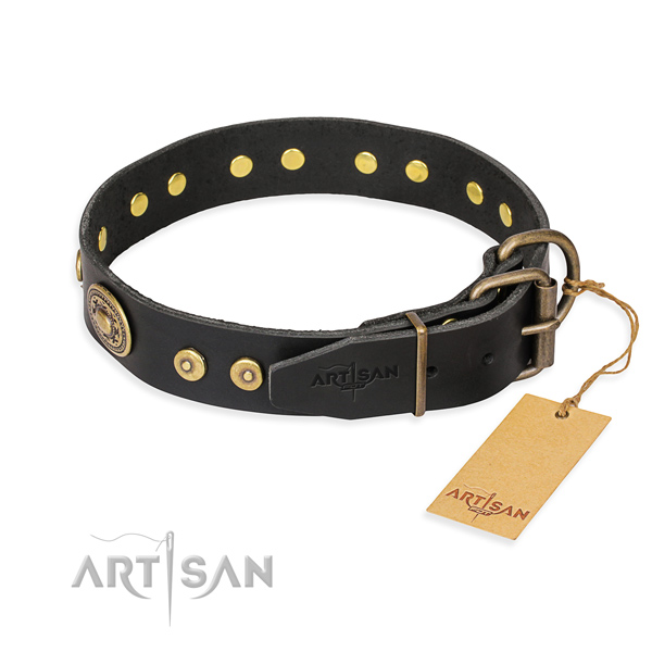 Genuine leather dog collar made of soft to touch material with rust resistant embellishments