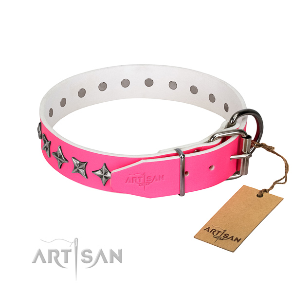 Durable full grain leather dog collar with stylish design decorations
