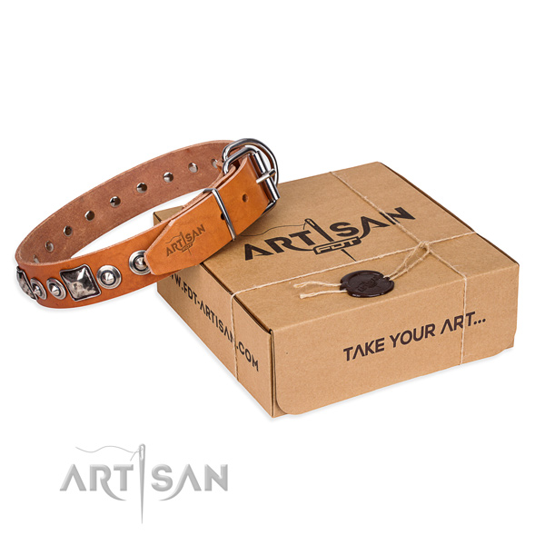 Natural genuine leather dog collar made of top rate material with corrosion resistant hardware