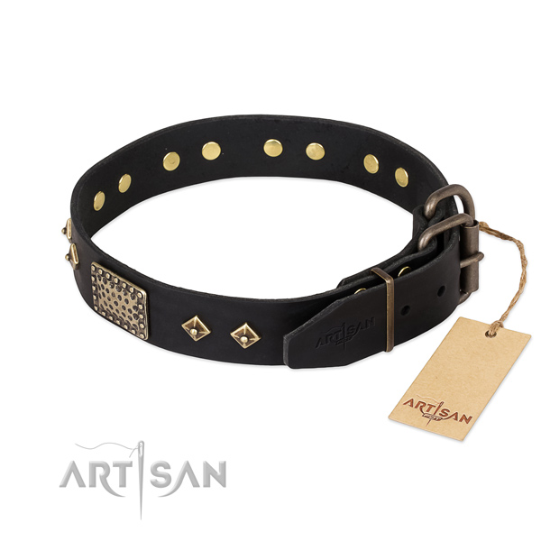 Full grain genuine leather dog collar with durable buckle and decorations