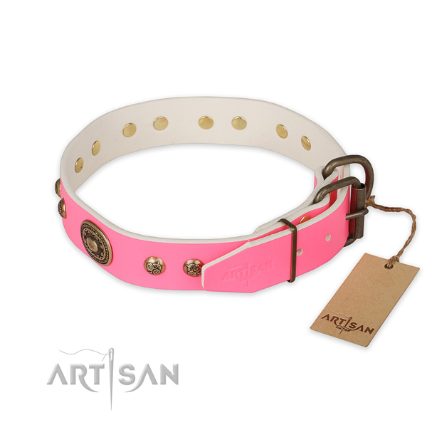 Rust-proof D-ring on full grain natural leather collar for stylish walking your dog