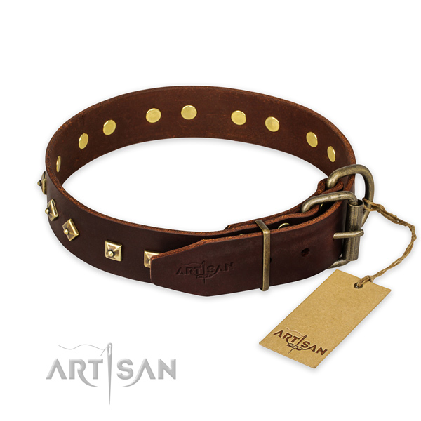 Strong hardware on leather collar for fancy walking your pet