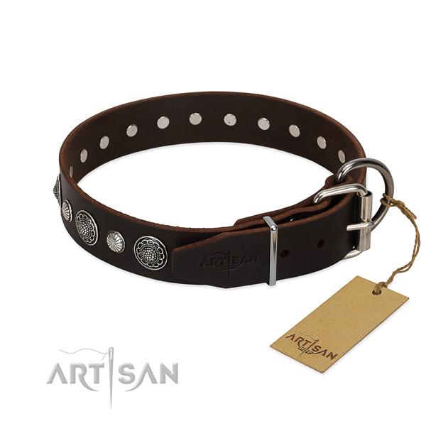 Strong natural leather dog collar with designer adornments