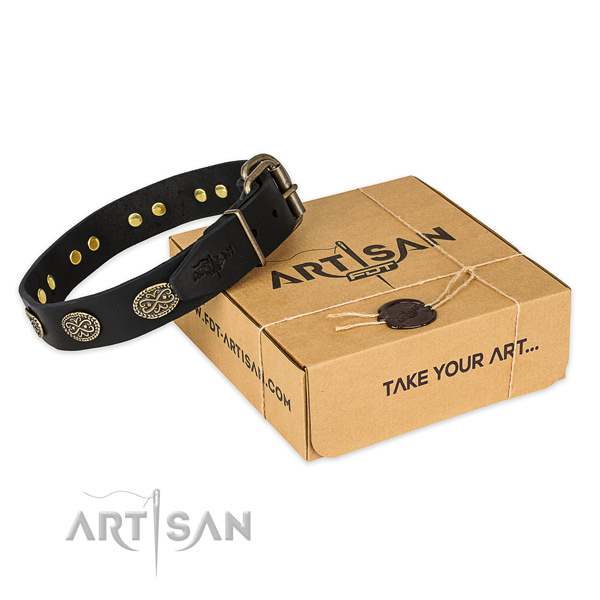 Rust resistant traditional buckle on natural genuine leather collar for your handsome doggie