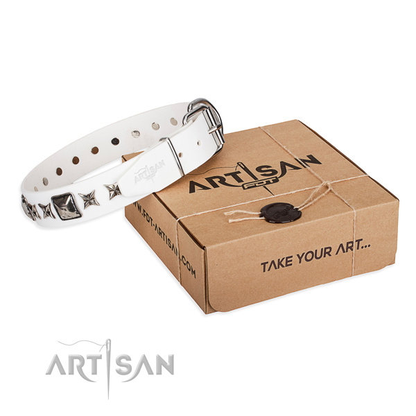 Comfortable wearing natural leather dog collar with decorations