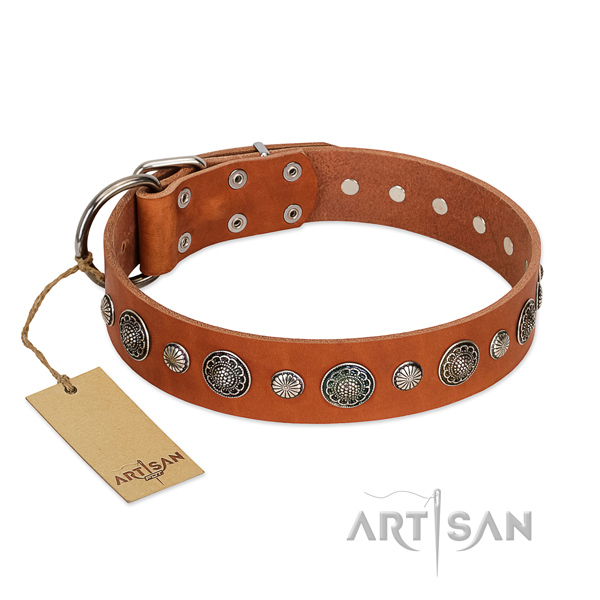 Gentle to touch natural leather dog collar with corrosion resistant hardware