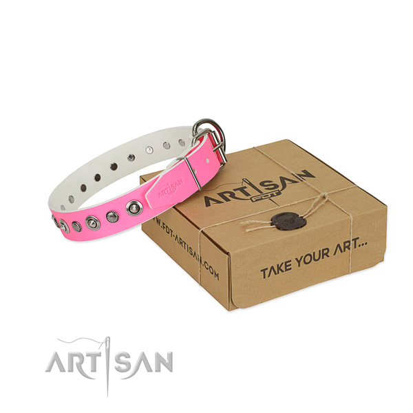 Durable natural leather dog collar with designer adornments