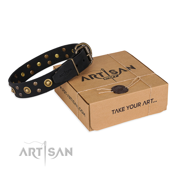 Corrosion proof hardware on full grain genuine leather collar for your lovely doggie