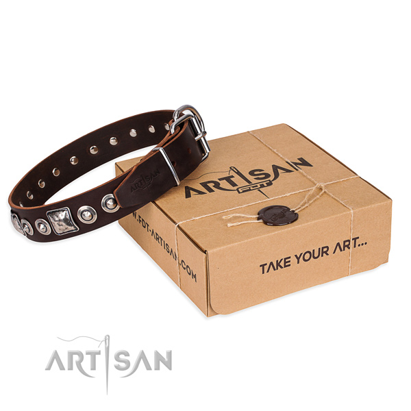 Leather dog collar made of soft to touch material with rust resistant fittings