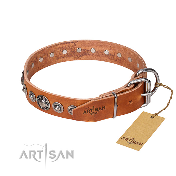 Full grain leather dog collar made of flexible material with strong decorations